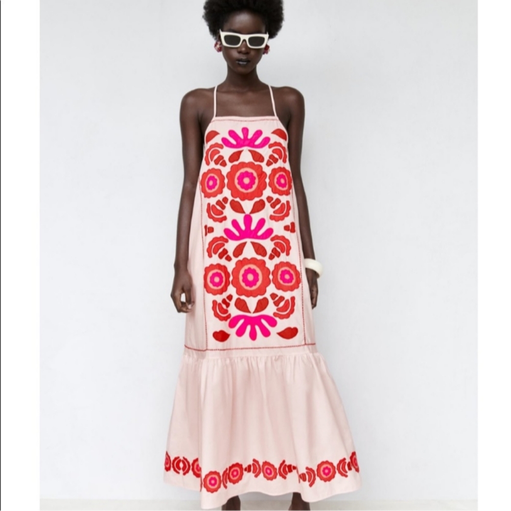 Zara Pink and Red Floral Maxi Dress